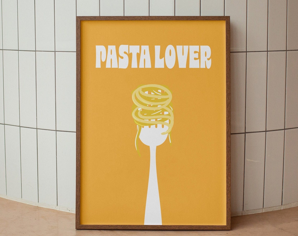 Pasta Lover Yellow Retro Fork Twirled Spaghetti Kitchen Poster