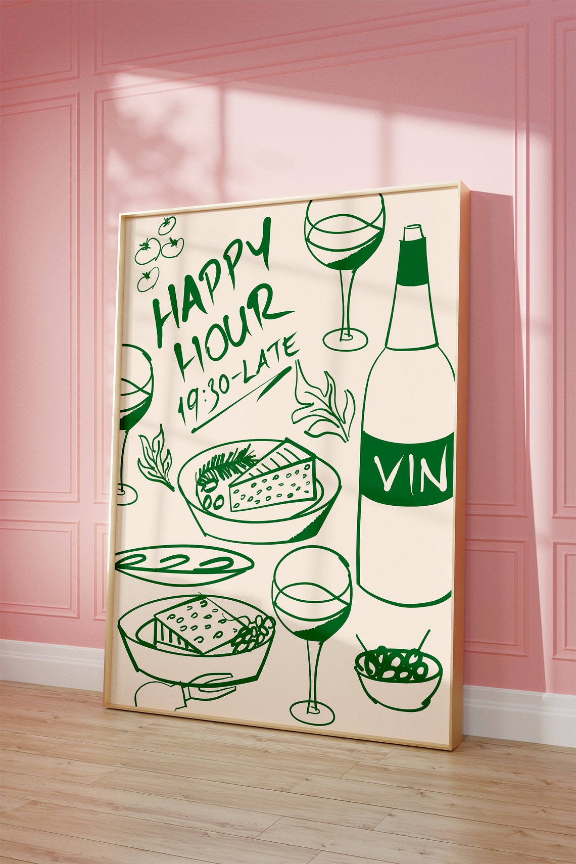 Happy Hour 19:30 to Late Green Ink Wine Sketch Kitchen Poster - Image 2
