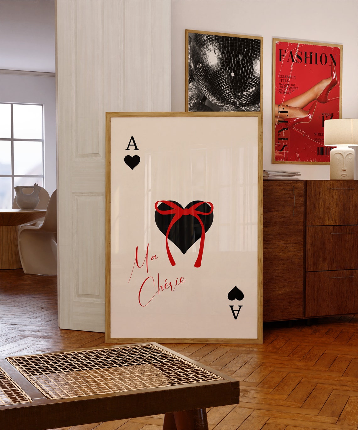 Ace Of Hearts Ma Cherie Red Bow Quote French Script Wall Art - Image 2