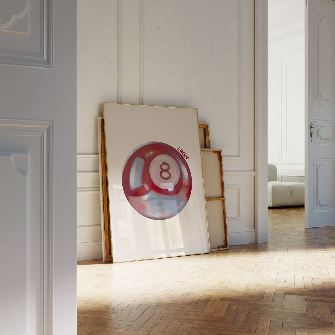 Red Lucky 8 Ball Minimalist Retro Billiards Game Room Wall Print - Image 3