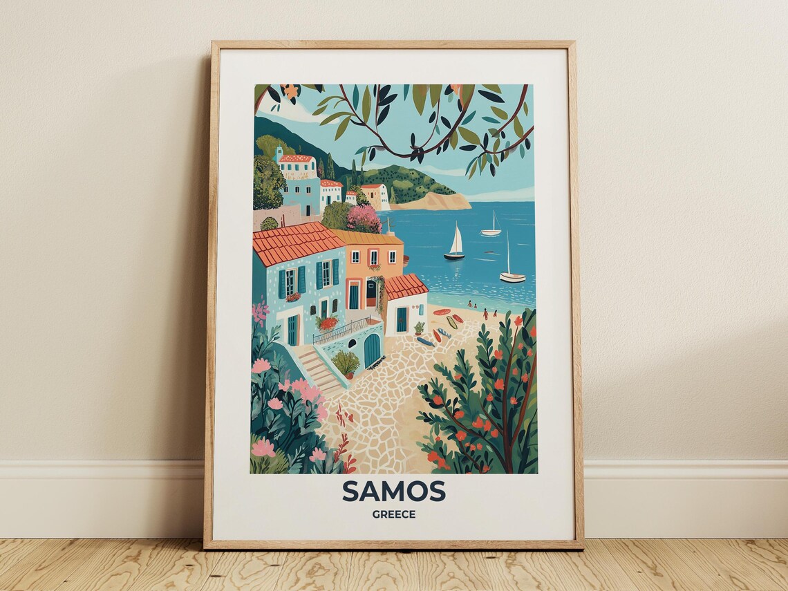 Samos Greek Island Village Beach Sailboats Bay Scenic Poster