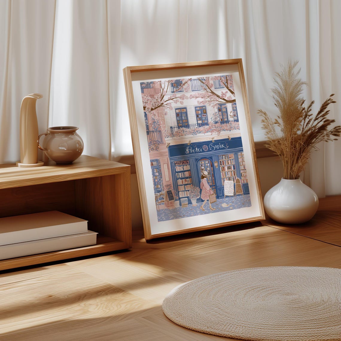 Woman Strolling Past a Spring Bookshop Storefront Art Poster - Image 4