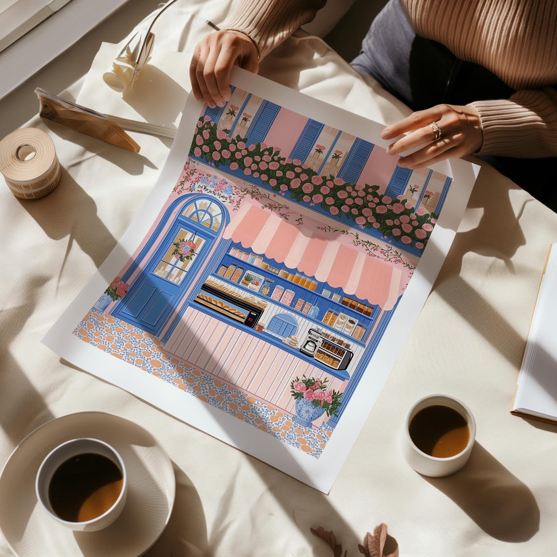 Pink And Blue Parisian Patisserie Kiosk With Roses And Awning Poster - Image 3
