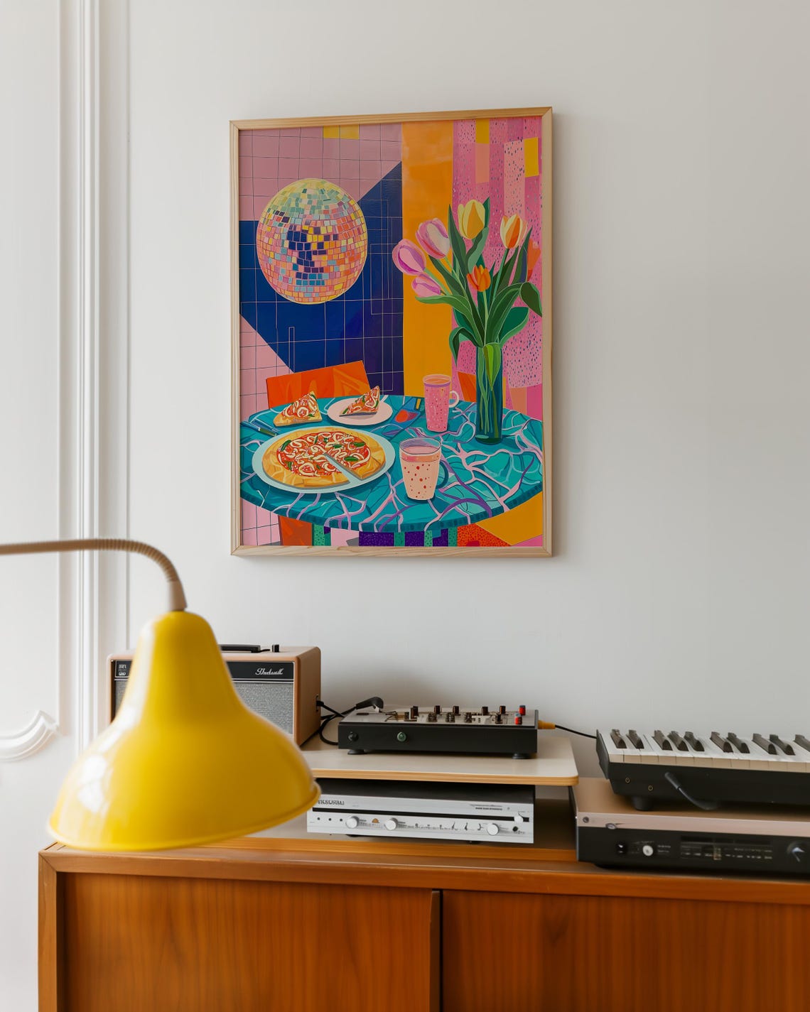 Retro Pizza Night Scene With Disco Ball and Fresh Tulips Wall Art - Image 6