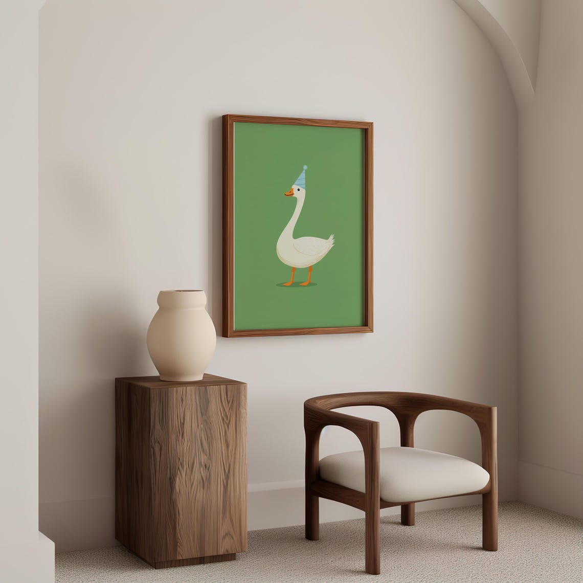 White Goose In A Party Hat Standing On Green Background Poster - Image 4