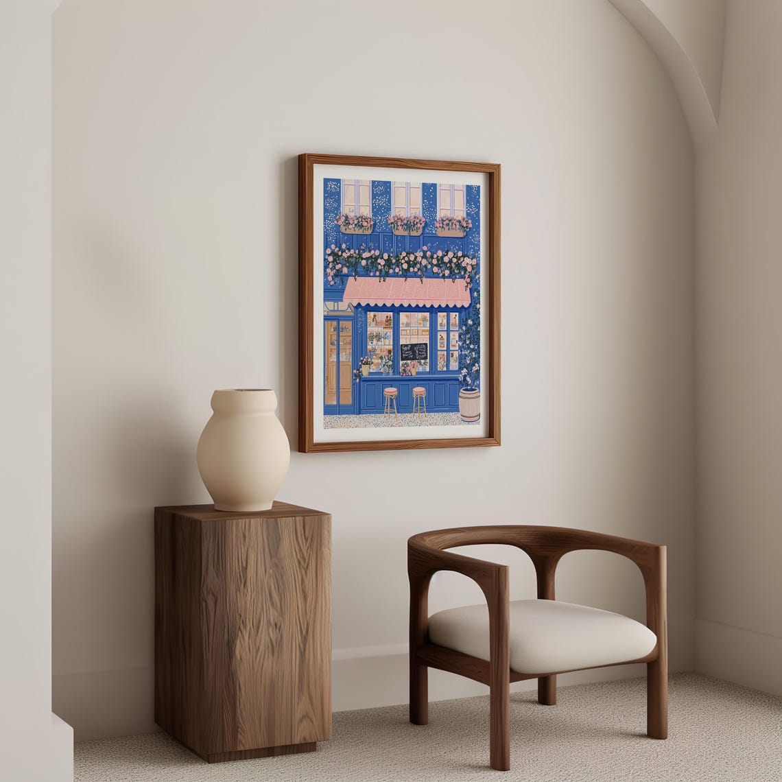Blue Cafe Storefront With Pink Awning Bar Stools And Roses Poster - Image 4