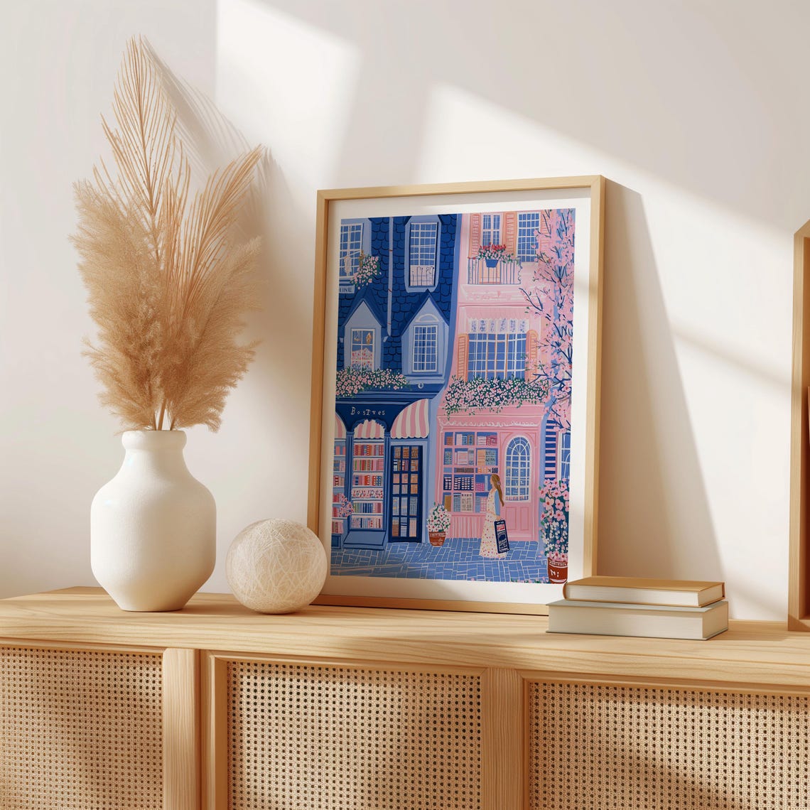 Blue And Pink Bookshop Storefronts With Flowering Blossoms Poster - Image 3