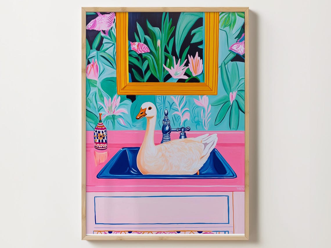 White Goose Bathing In A Blue Sink Inside A Pink Bathroom Poster