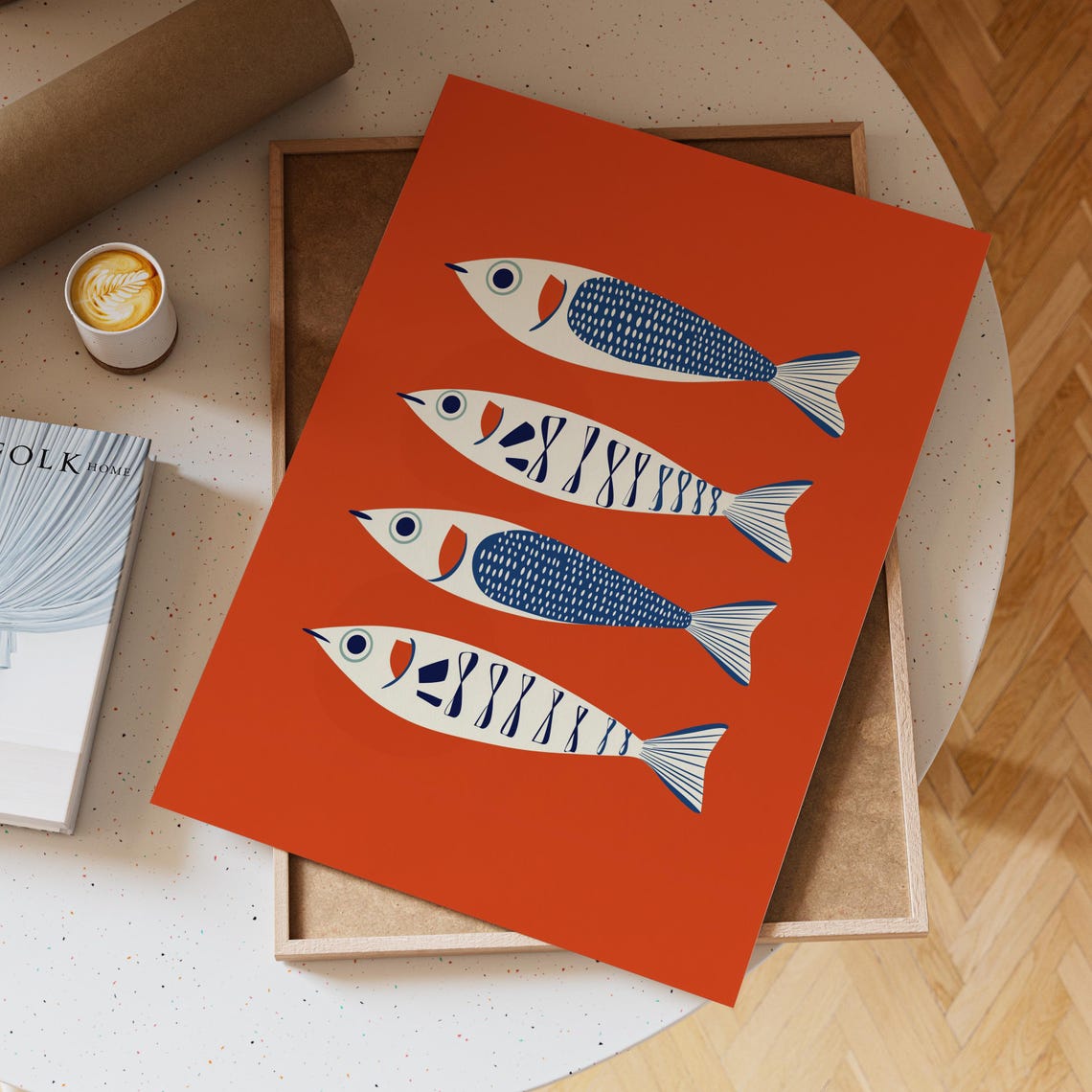 Four Stylized Blue Fish On Bold Red Retro Modern Kitchen Art Poster - Image 6