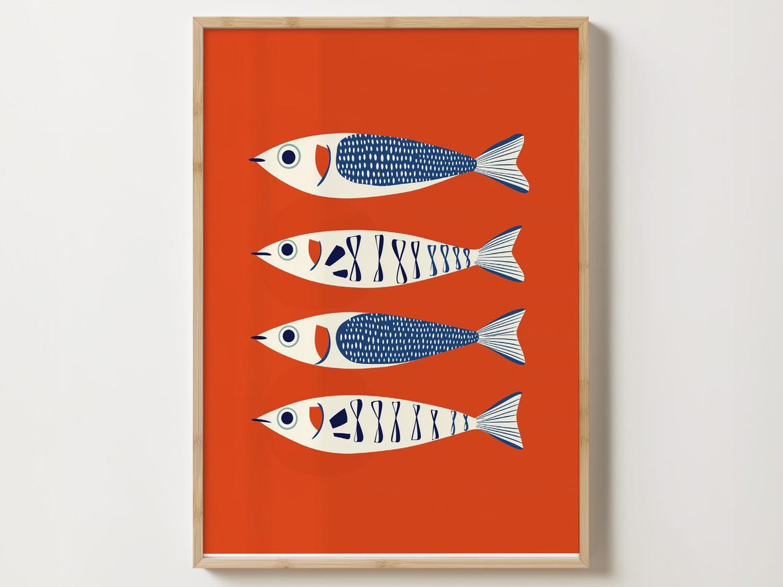 Four Stylized Blue Fish On Bold Red Retro Modern Kitchen Art Poster