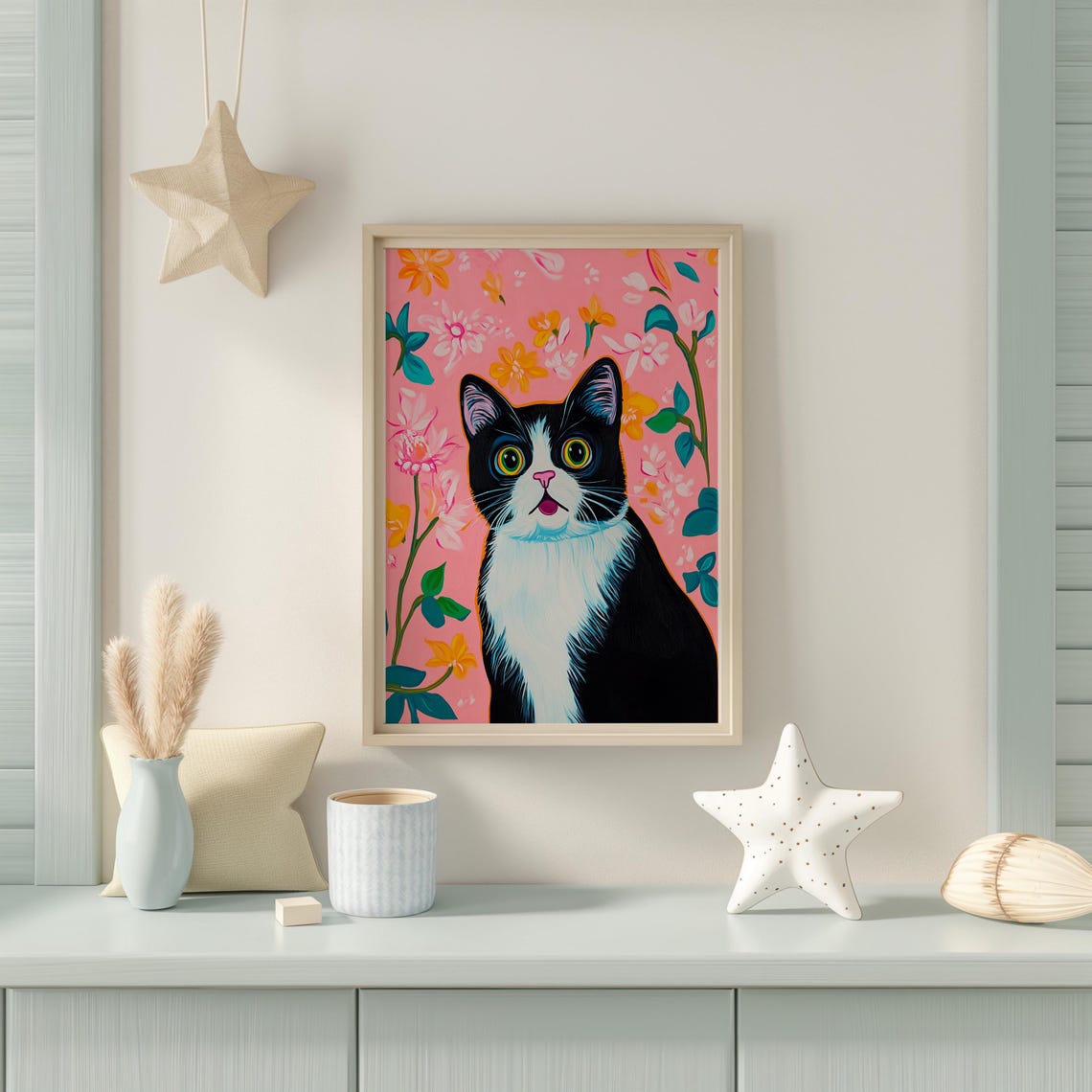 Surprised Black and White Tuxedo Cat Face on Pink Floral Poster - Image 4