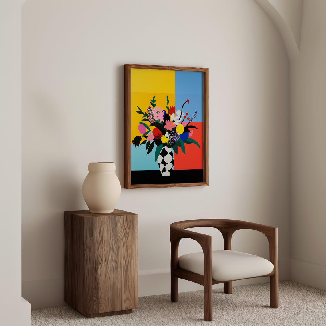 Bold Color Block Flower Bouquet in a Checkered Vase Wall Art - Image 5