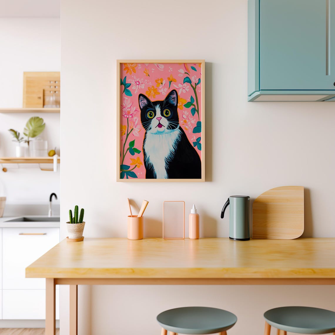 Surprised Black and White Tuxedo Cat Face on Pink Floral Poster - Image 5