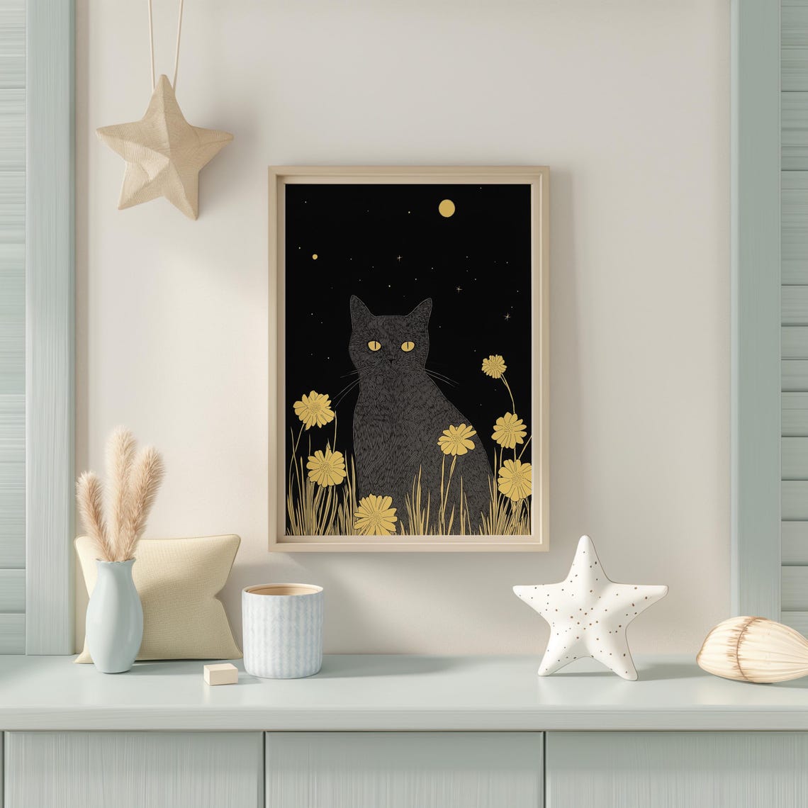 Black Cat Among Yellow Flowers Under A Moonlit Starry Night Poster - Image 2