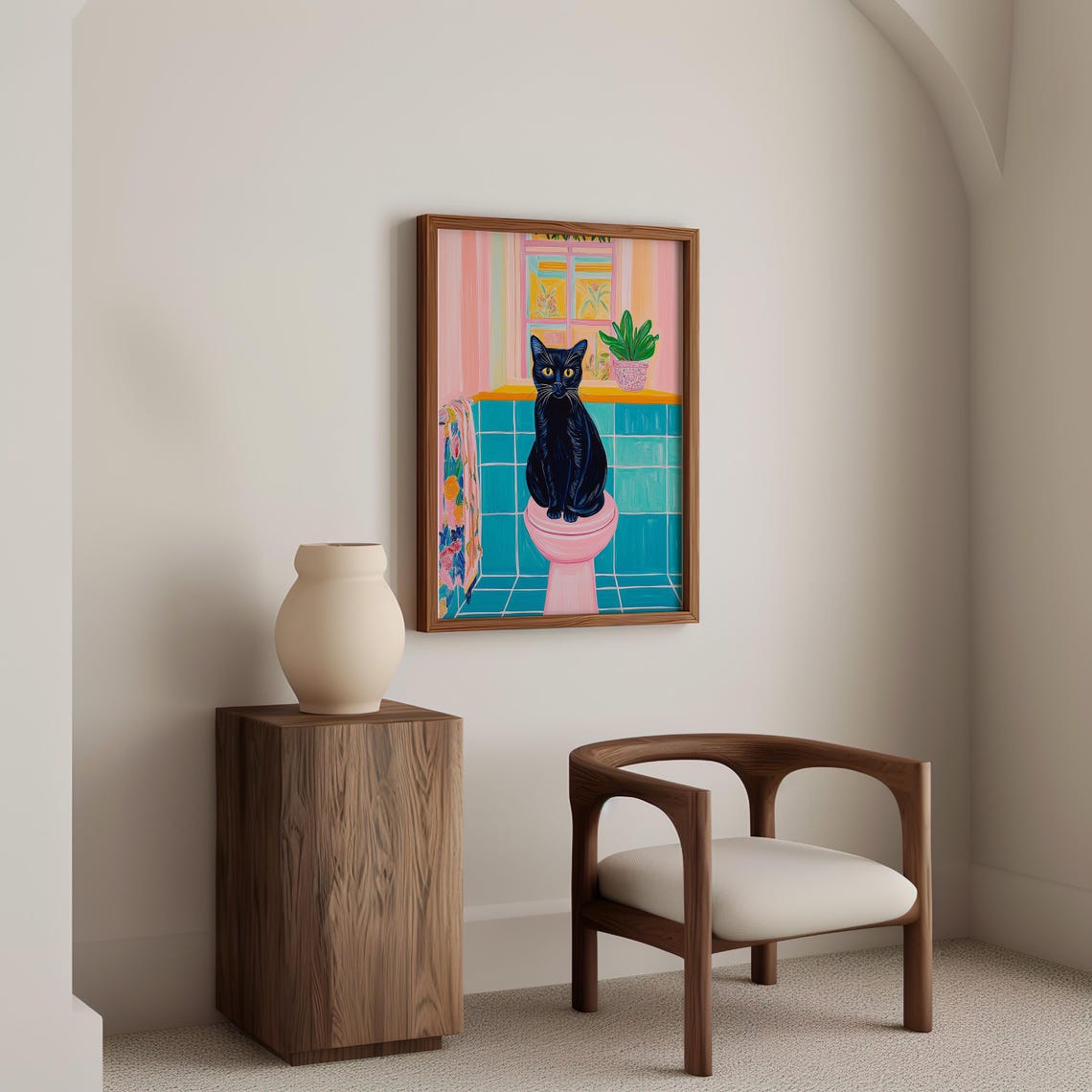 Black Cat on Pink Toilet Seat in a Teal Tiled Bathroom Poster - Image 3