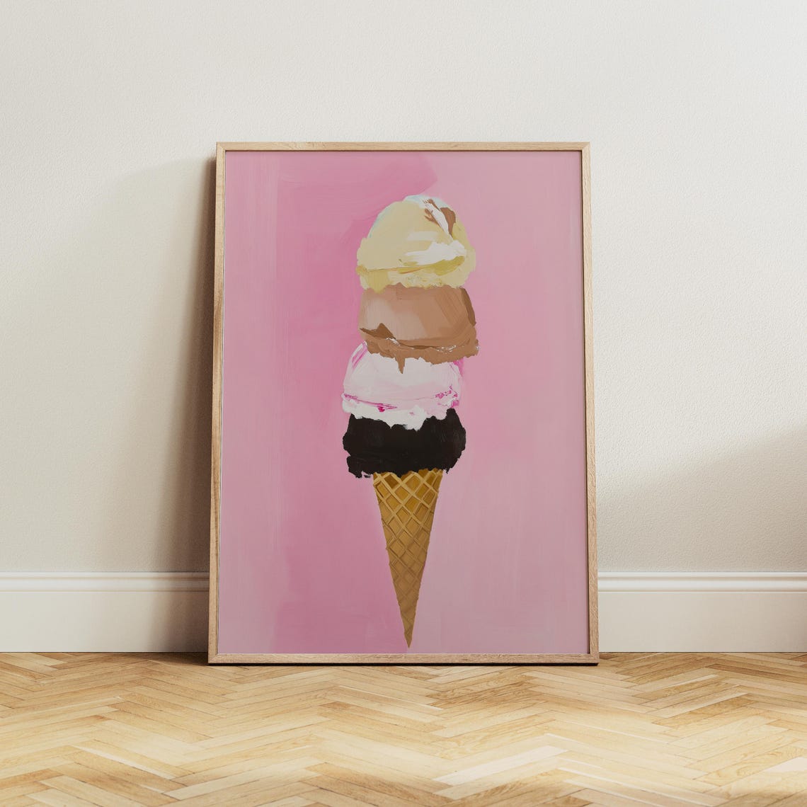 Four Scoop Ice Cream Cone Painting on Pink Background Poster - Image 5