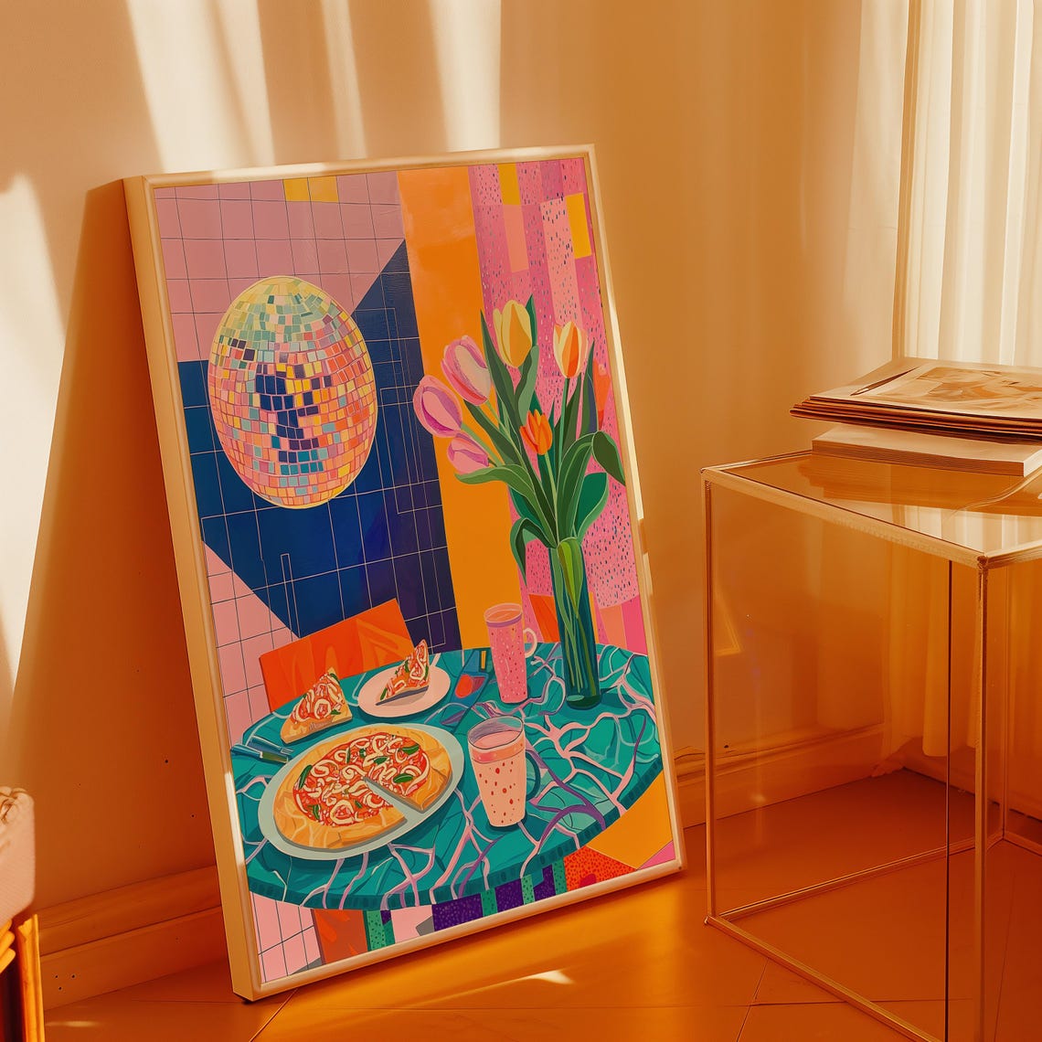 Retro Pizza Night Scene With Disco Ball and Fresh Tulips Wall Art - Image 2