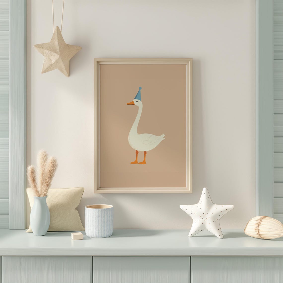 White Goose Wearing A Blue Party Hat On A Beige Background Poster - Image 5