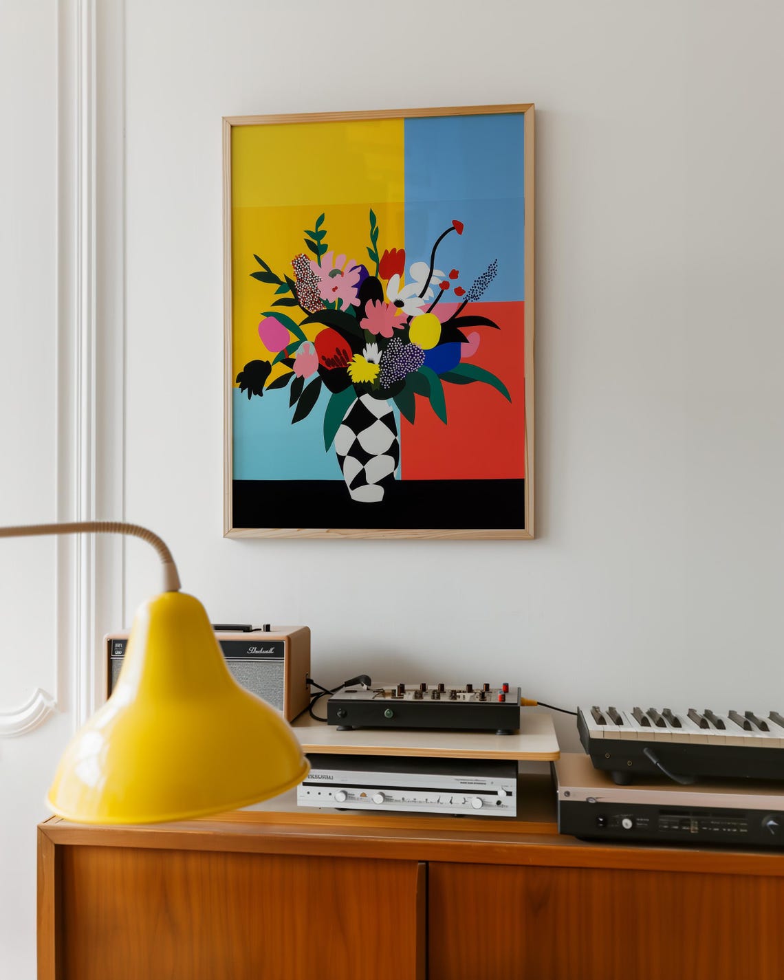 Bold Color Block Flower Bouquet in a Checkered Vase Wall Art - Image 6