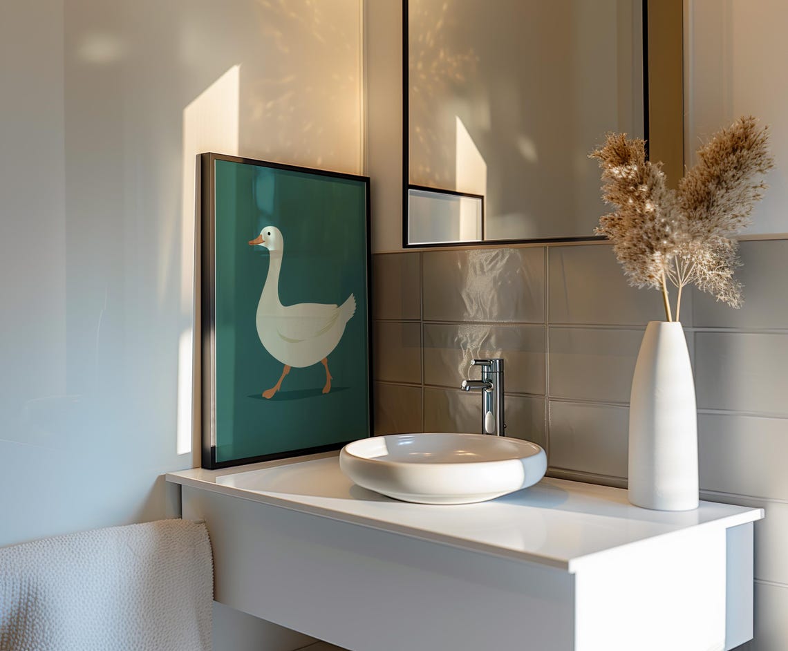 White Goose Walking Gracefully On A Deep Teal Background Poster - Image 6