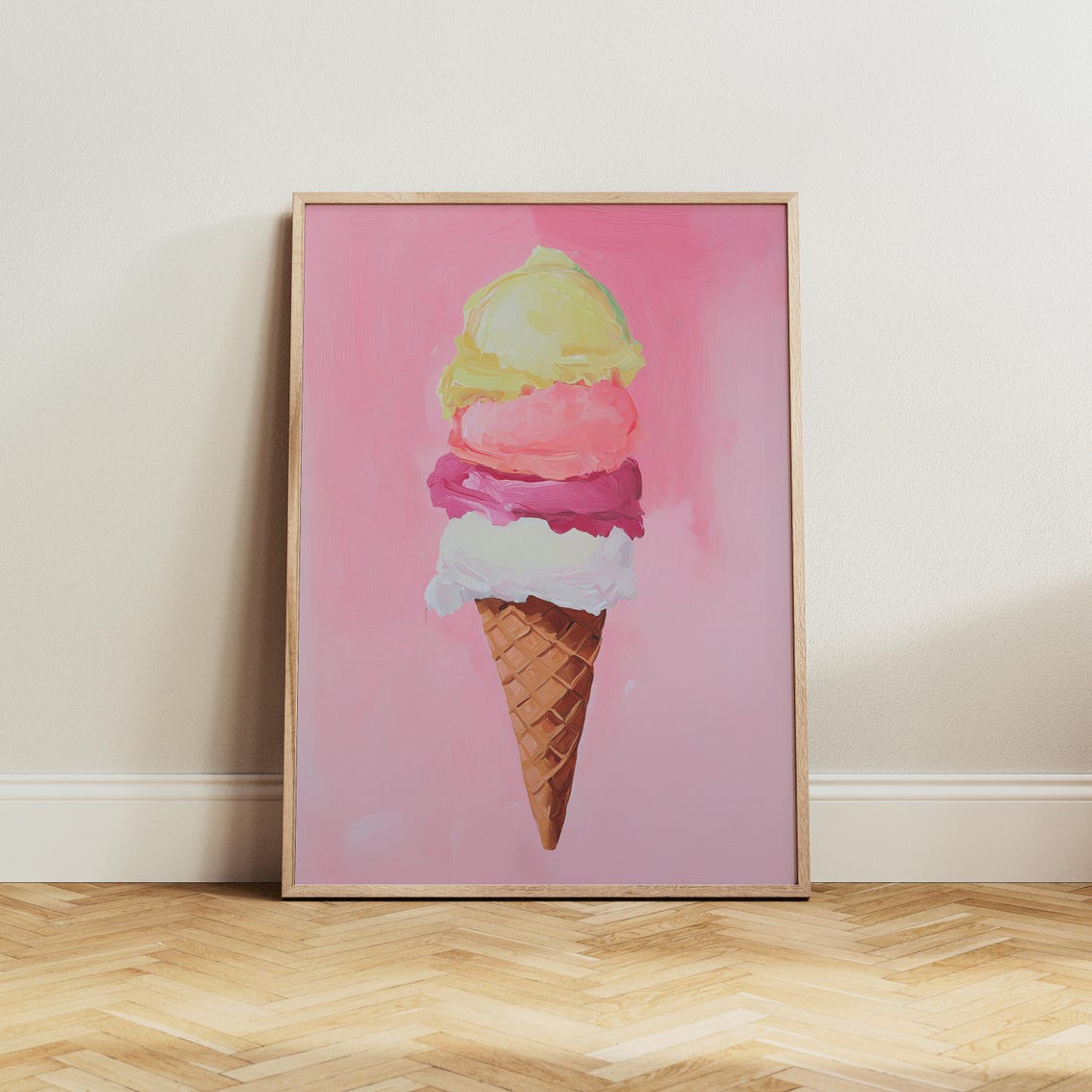 Triple Scoop Pastel Ice Cream Cone On A Pink Painterly Art Poster - Image 2