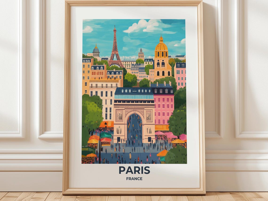 Paris City Landmarks Vintage Travel Print With Eiffel Tower View