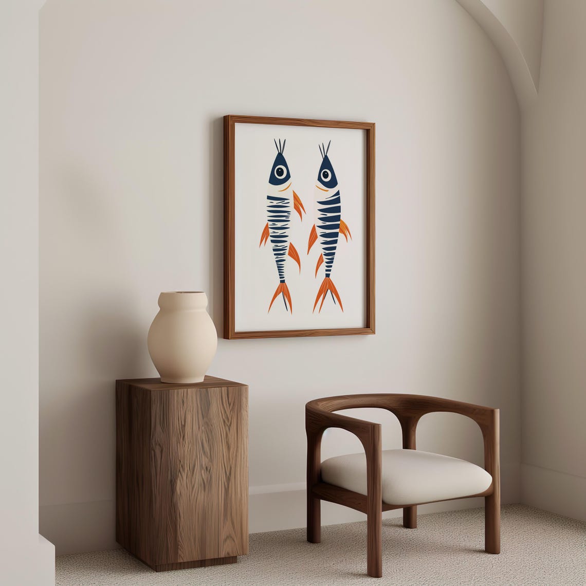 Two Striped Sardine Illustrations In Navy Blue And Orange Art Poster - Image 4