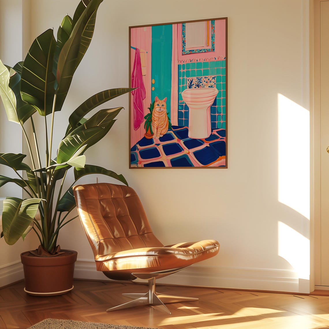 Orange Tabby Cat Beside a Pink Sink in a Bold Bathroom Poster - Image 6