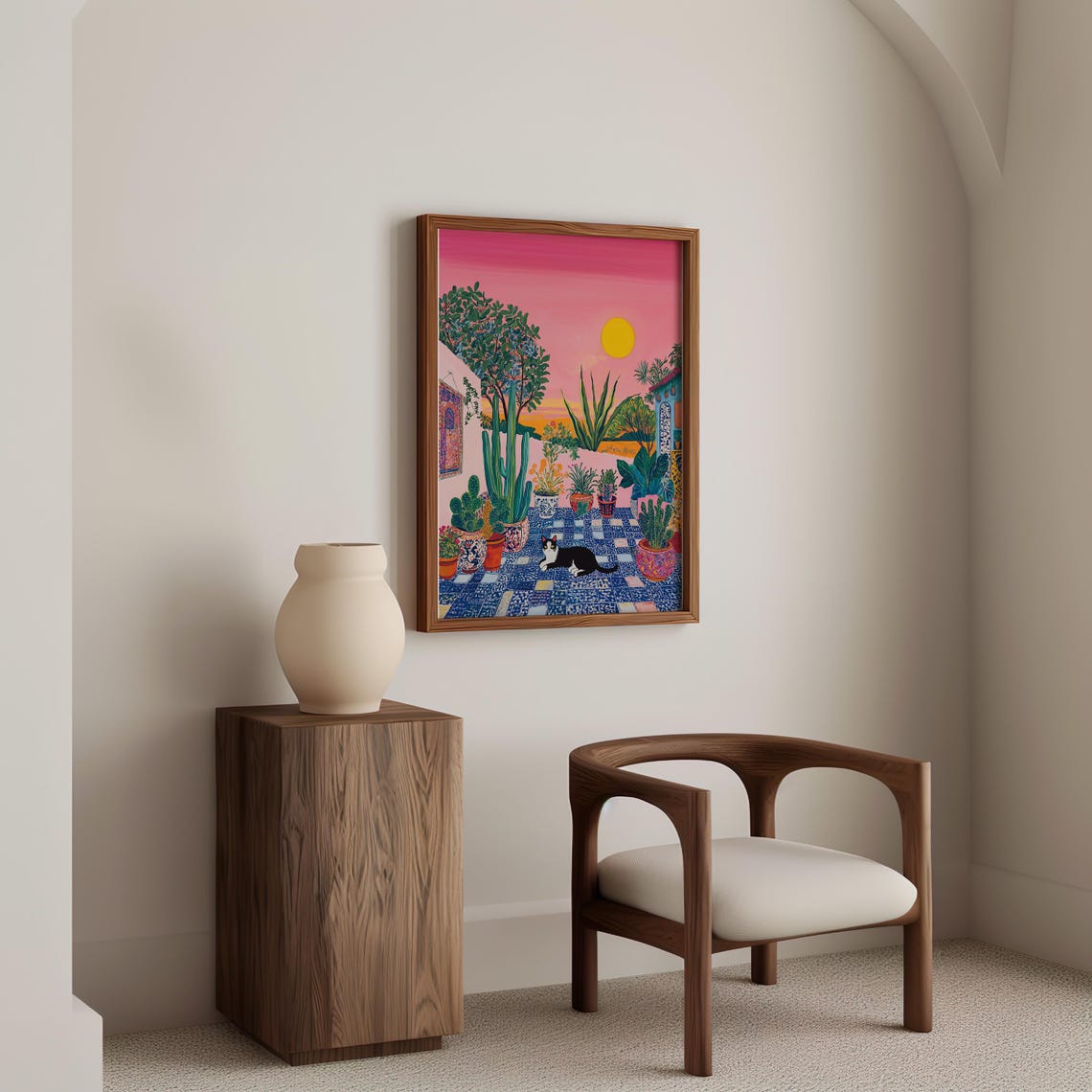 Sunset Moroccan Courtyard With Cat Among Cacti Painting Poster - Image 6