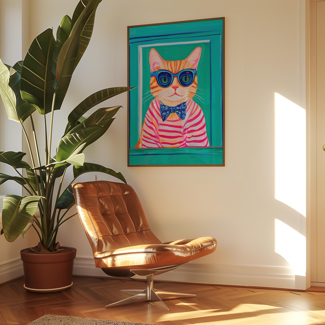 Orange Cat In Blue Sunglasses And Striped Shirt Fun Art Poster - Image 3