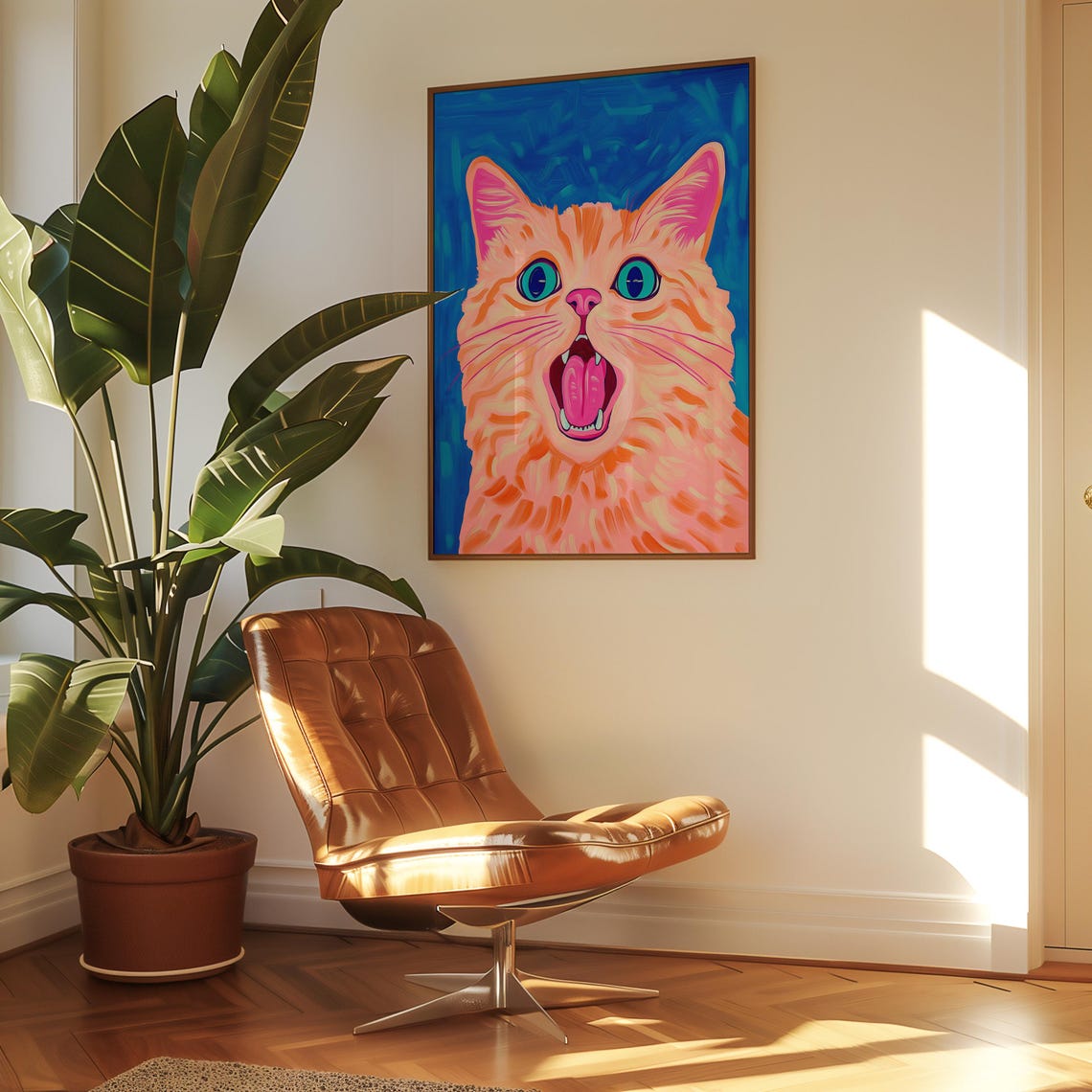 Goofy Orange Cat With Tongue Out On A Cobalt Blue Art Poster - Image 3