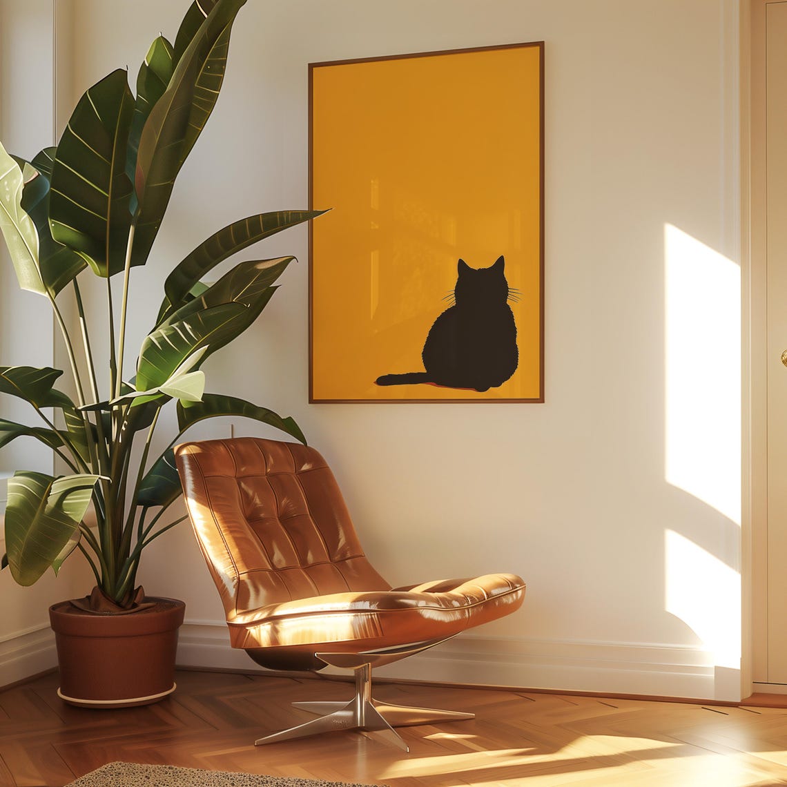 Black Cat Silhouette Sitting Alone On A Bold Yellow Background Poster - Image 3