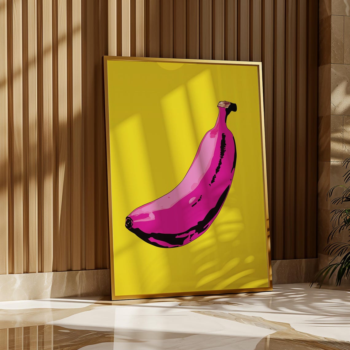 Bold Pop Art Pink Banana on a Bright Yellow Background Wall Art - Image 3