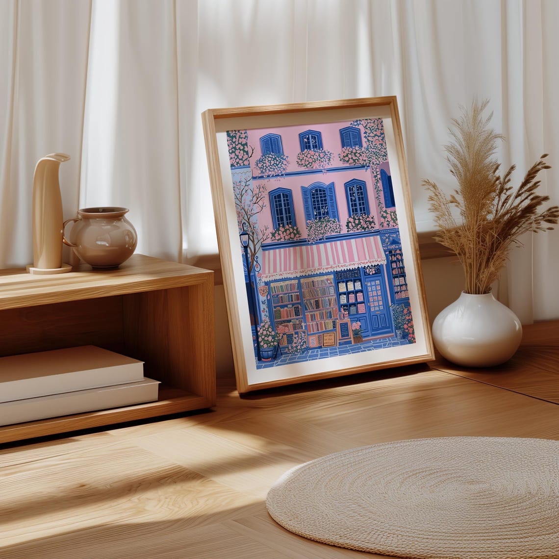 Pink Bookshop With Striped Awning Climbing Roses And Lantern Poster - Image 3