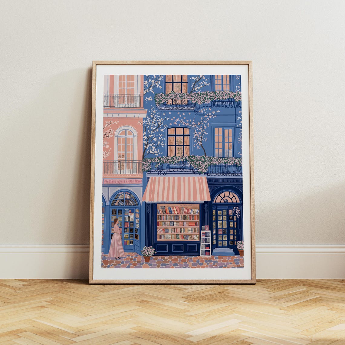 Bookshop With Pink Striped Awning And Flowering Cherry Trees Poster - Image 3