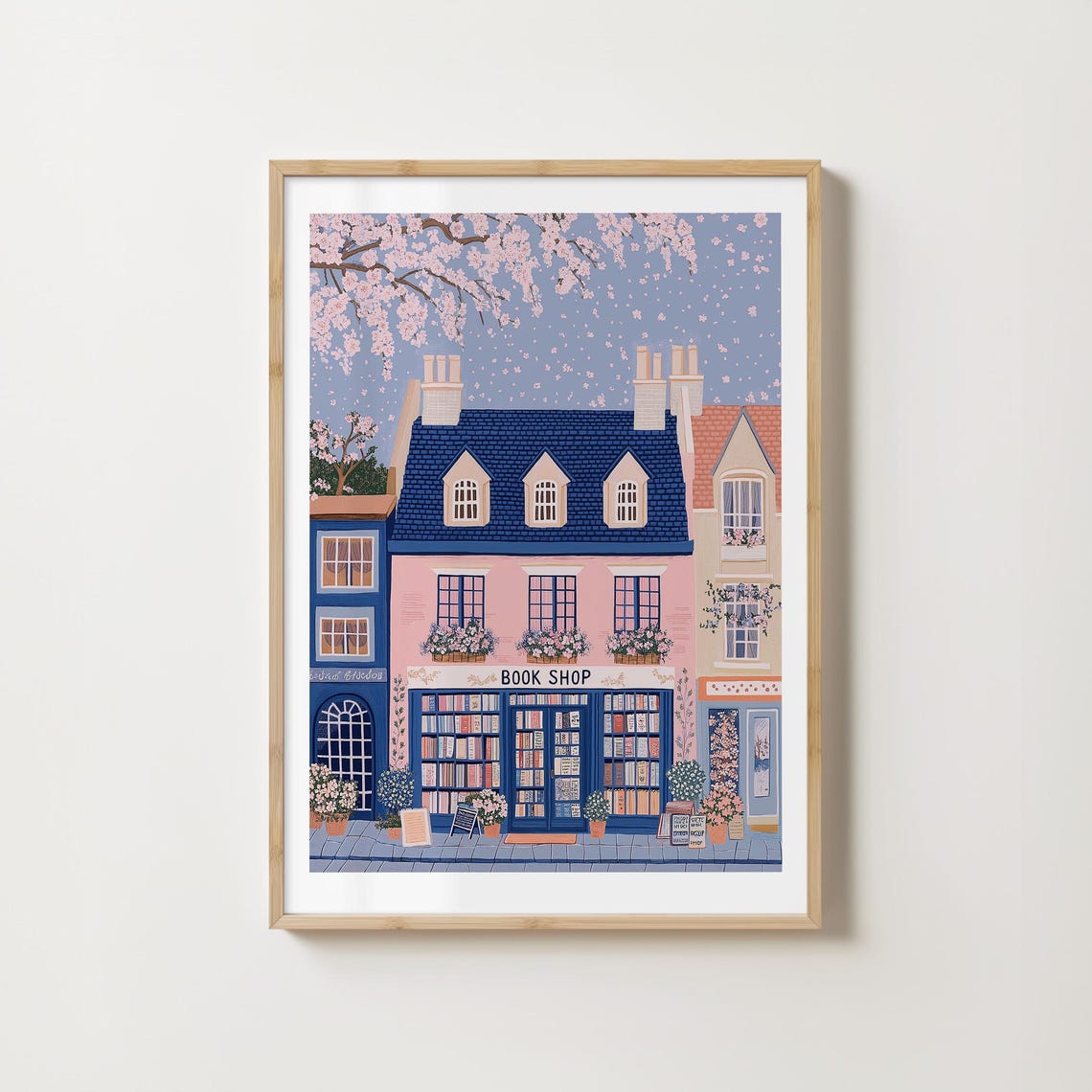 Pink And Blue Corner Bookshop Under Cherry Blossom Branches Poster - Image 5