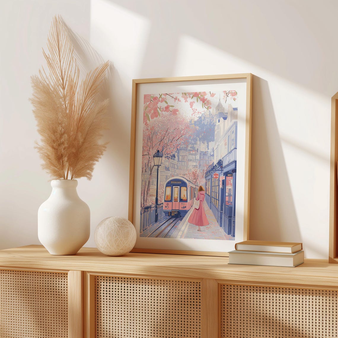 London Train Passing Cherry Blossoms in Spring Travel Poster - Image 3
