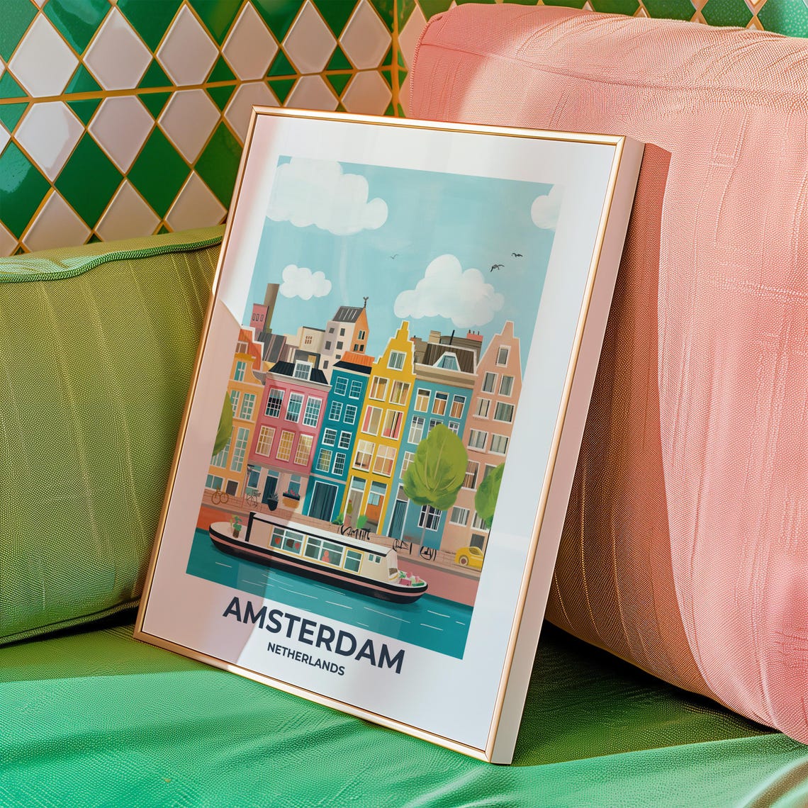 Amsterdam Netherlands Travel Poster With Canal Houses and Boat - Image 3