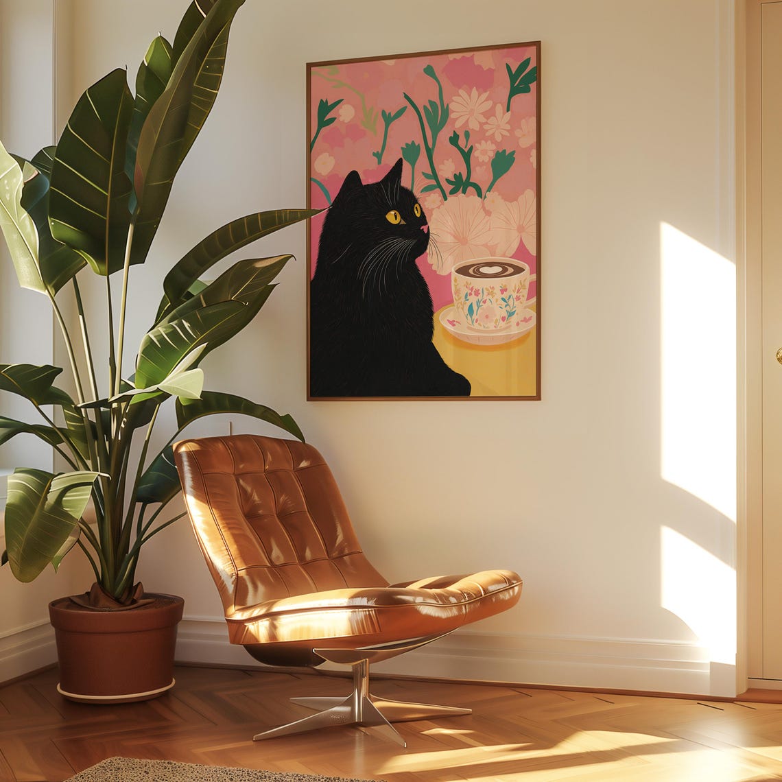 Black Cat Beside A Coffee Cup On A Pink Floral Background Poster - Image 5