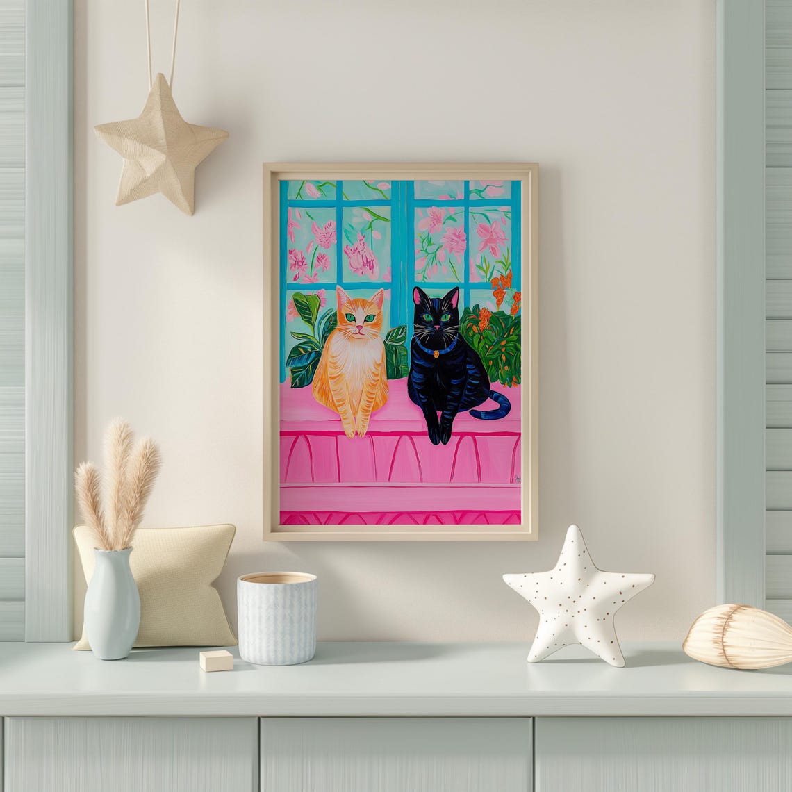 Ginger and Black Cats on a Pink Ledge by Floral Window Poster - Image 4