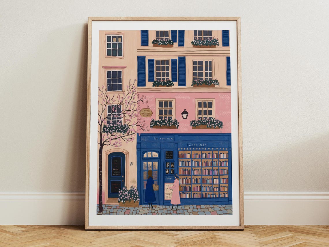 Pink Parisian Bookshop Storefront With Blue Facade Illust Art Poster