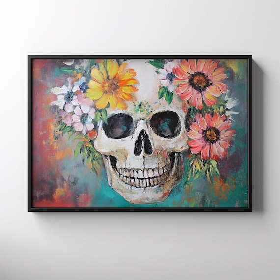 Colorful Floral Skull Still Life Gothic Halloween Wall Poster