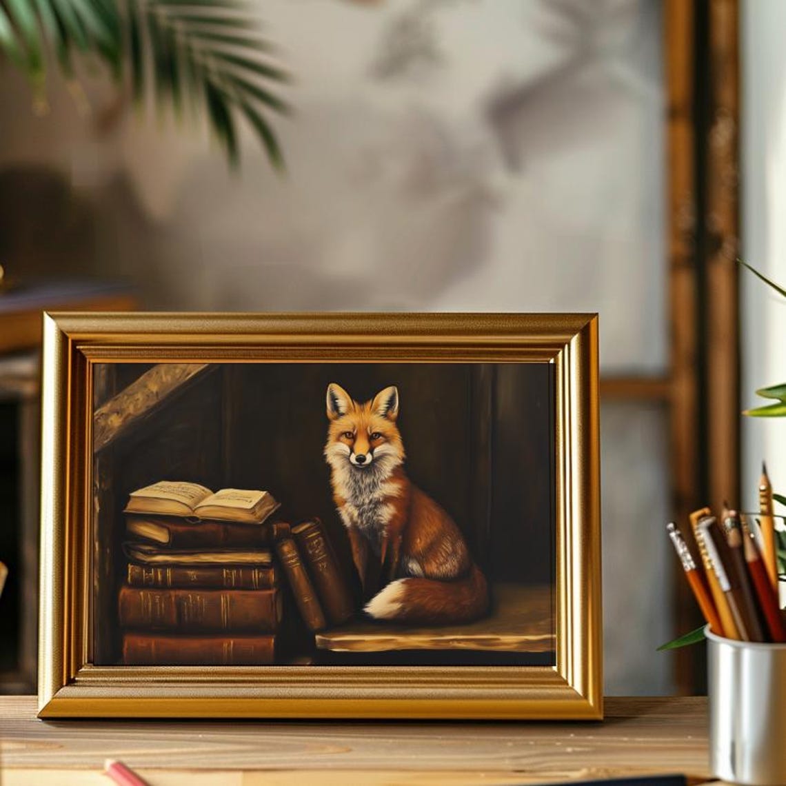 Vintage Books Fox Painting, Dark Academia Art Print - Image 4