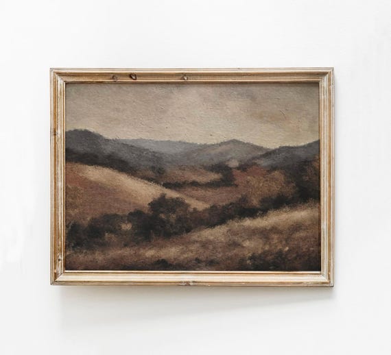 Dark Moody Fall Print Brown Vintage Landscape Wall Art Rustic Beige Hills Decor Winter Mountain Muted Nature Painting