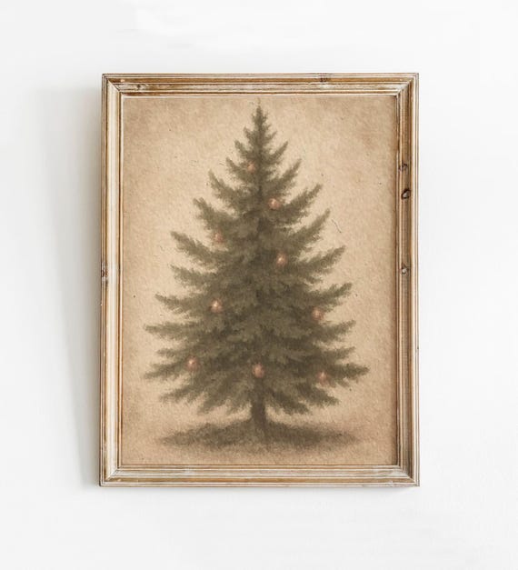 Vintage Beige Christmas Tree Painting Neutral Pine Abstract Art Cedar Stems Print Muted Holiday Gold Xmas