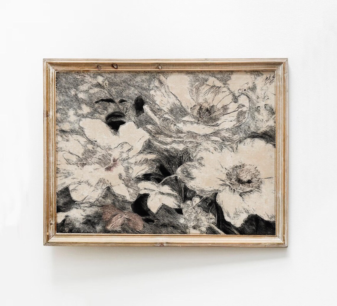 Black And White Peonies Floral Sketch Vintage Botanical Art Print