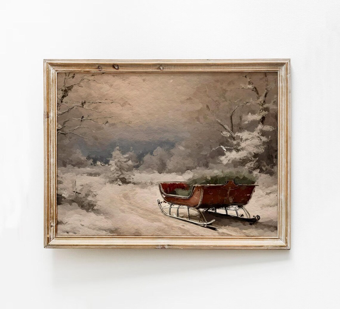 Vintage Sleigh Painting Christmas Landscape Art Print