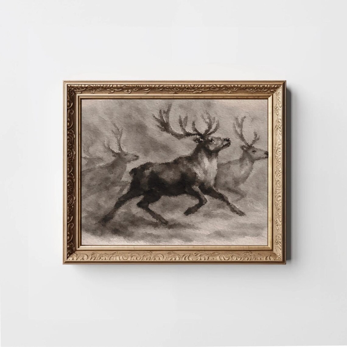 Running Stags In Mist Vintage Sepia Wildlife Painting Poster