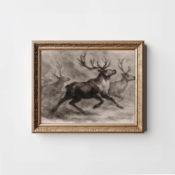 Running Stags In Mist Vintage Sepia Wildlife Painting Poster