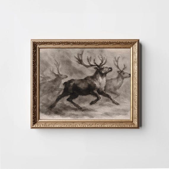 Vintage Black Reindeer Print Moody Christmas Deer Painting Abstract Holiday Wall Art Dark Decor